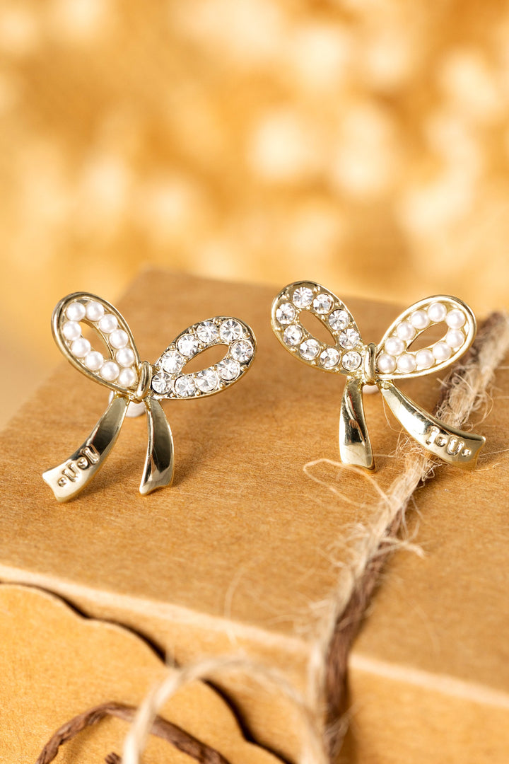 Winter Rhinestone Pearl Bow Earrings