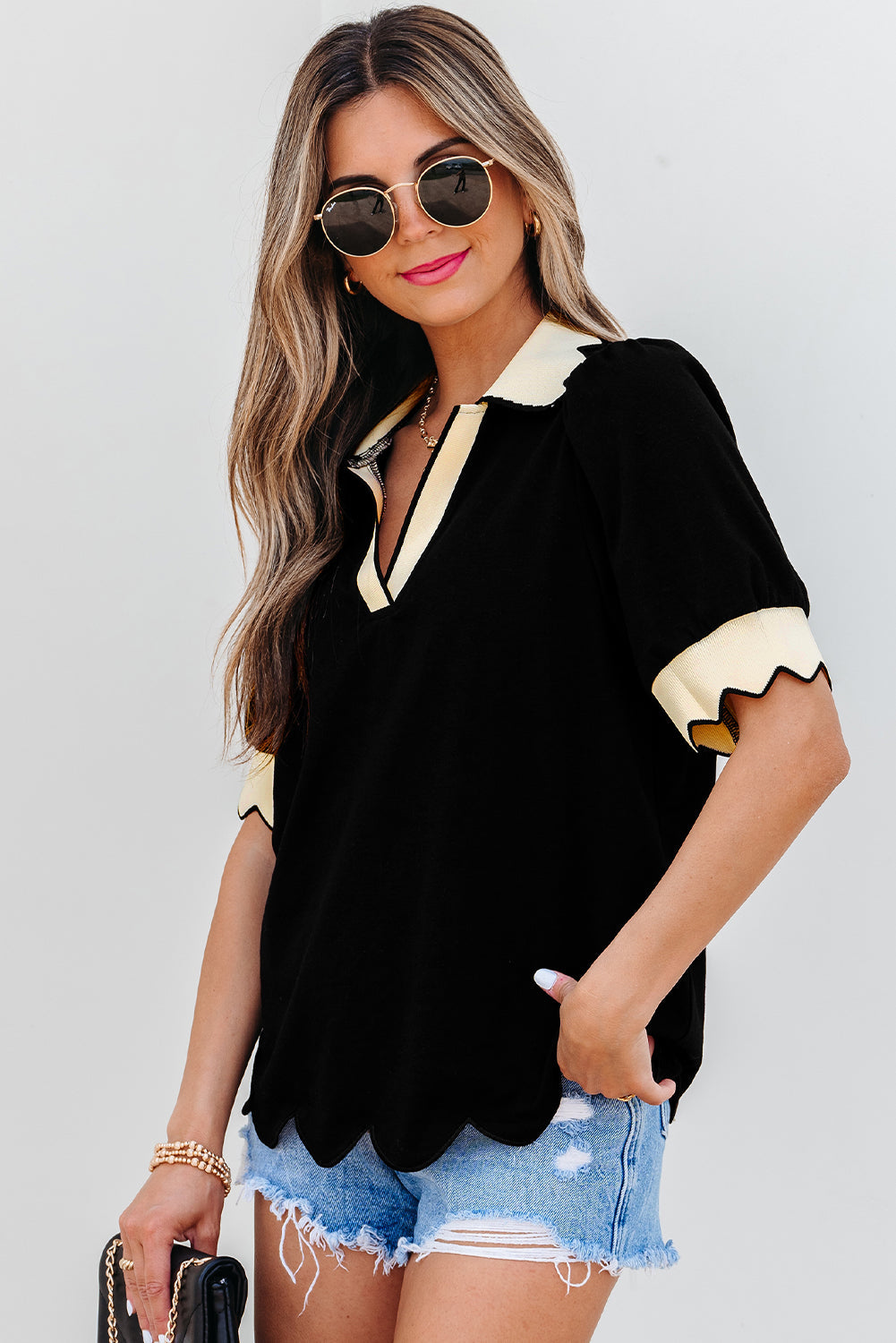 Clare Collared V Neck Puff Sleeve Blouse