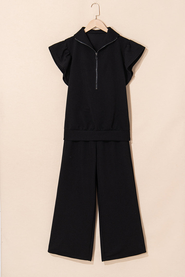 Kallie Ruffled Sleeve Zipped Top and Wide Leg Pants Set