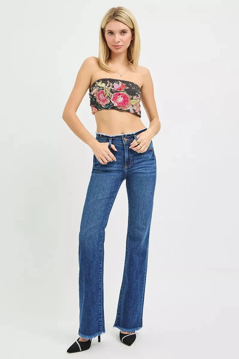 RISEN Full Size Mid Rise Bootcut Frayed Waistband Hem Detail Jeans Plus Size