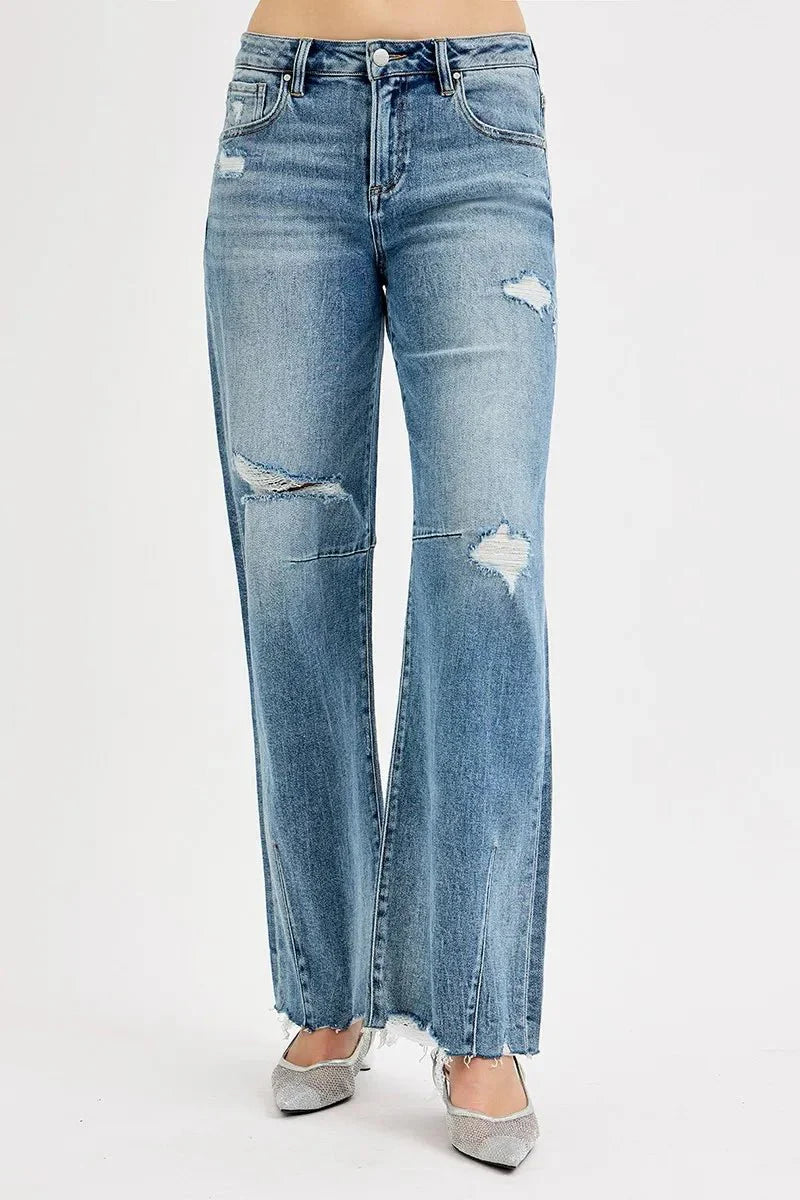 RISEN Full Size Mid Rise Fit Wide Baggy Leg Tie Washed Jeans Plus Size