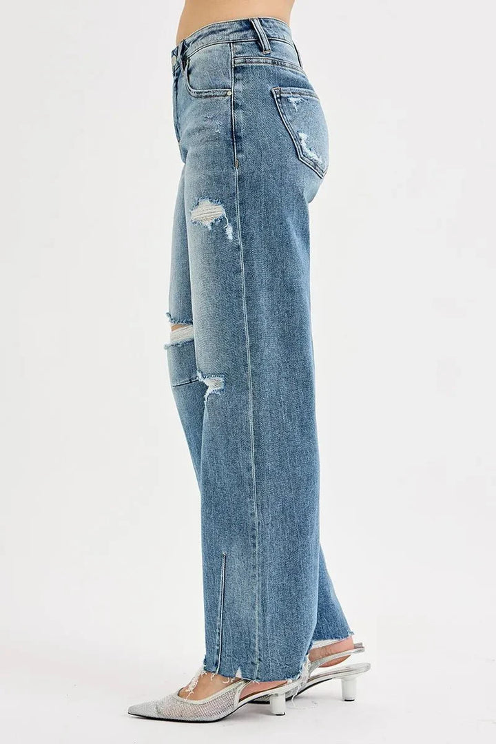 RISEN Full Size Mid Rise Fit Wide Baggy Leg Tie Washed Jeans Plus Size