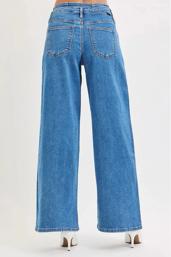 RISEN Full Size Mid Rise Fit Wide Leg with Pleated Detail Jeans Plus Size
