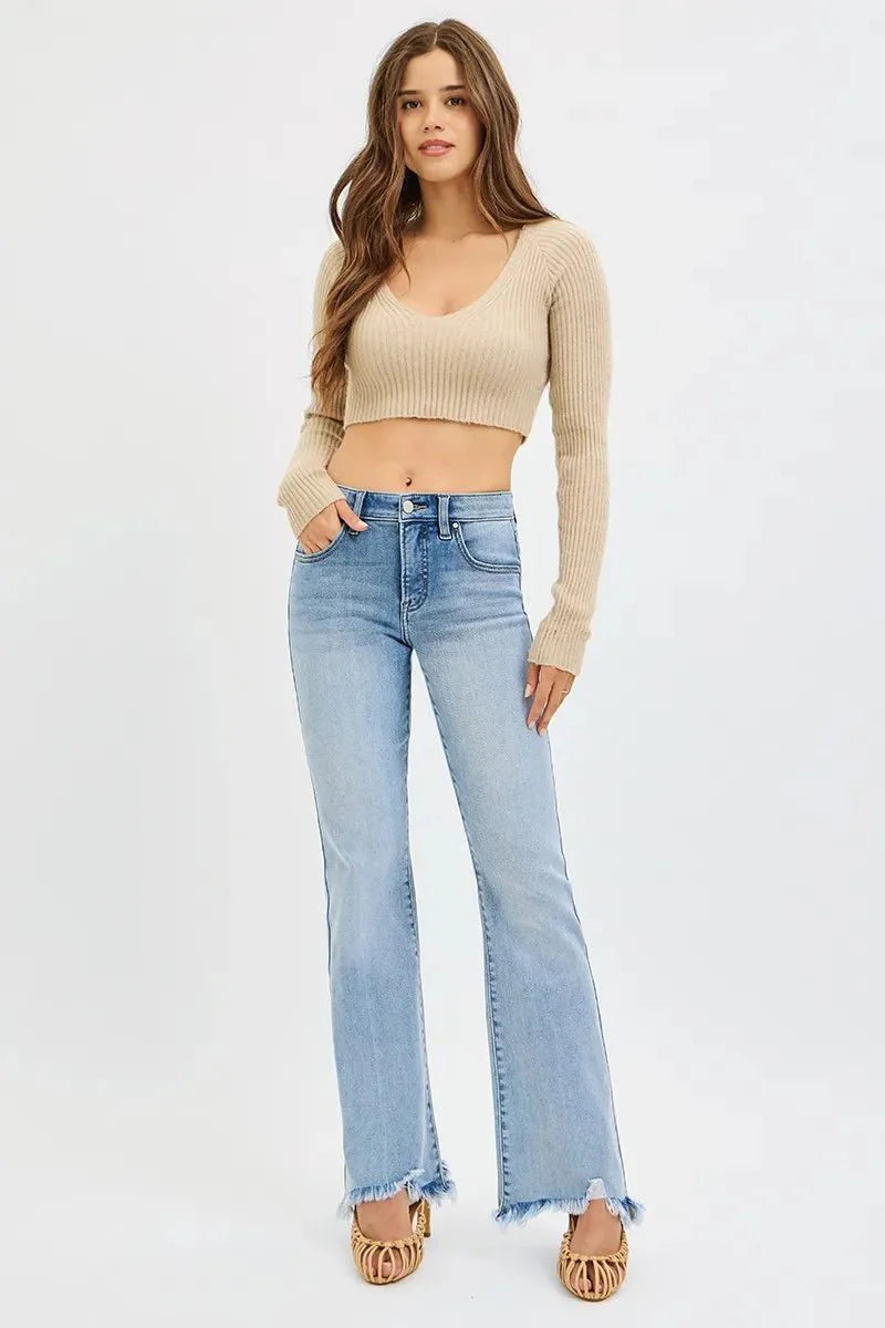 RISEN Full Size Tummy Control Mid Rise Flare Jeans with Fray Hem Detailed Plus Size