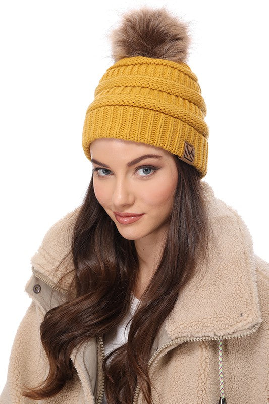 Winter Knitted Beanie Hat with Faux Fur Pom Pom