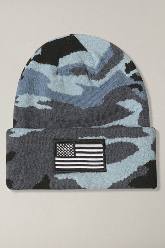 USA Flag Embroidery Patch Cuff Camo Beanie Hat