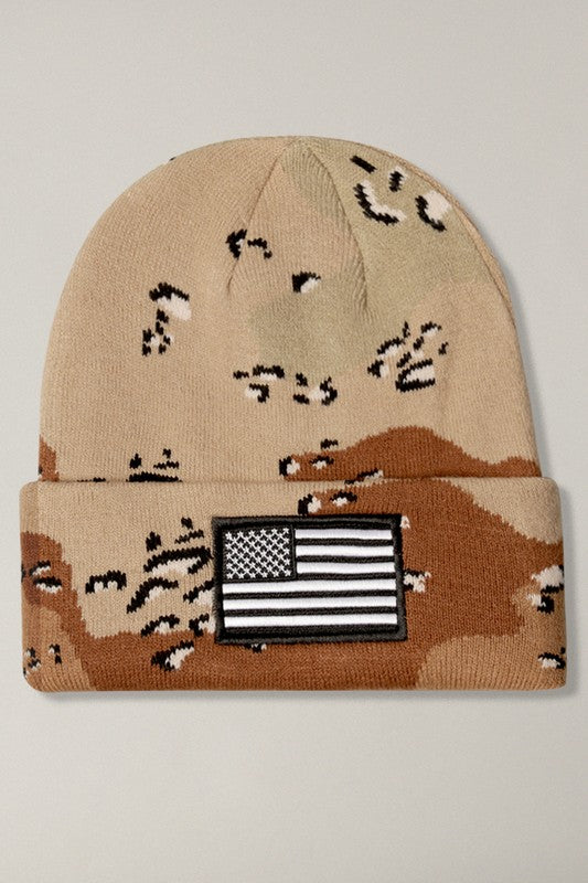 USA Flag Embroidery Patch Cuff Camo Beanie Hat