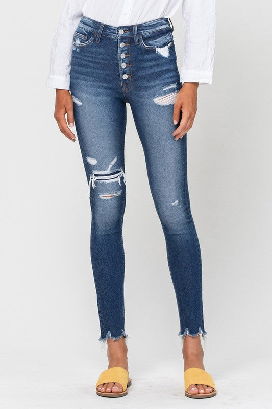 HELEN PATCHED BUTTON UP RAW HEM ANKLE SKINNY