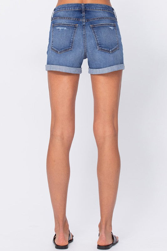 MID RISE TOMBOY SHORTS WITH DISTRESS AND CUFF HEM
