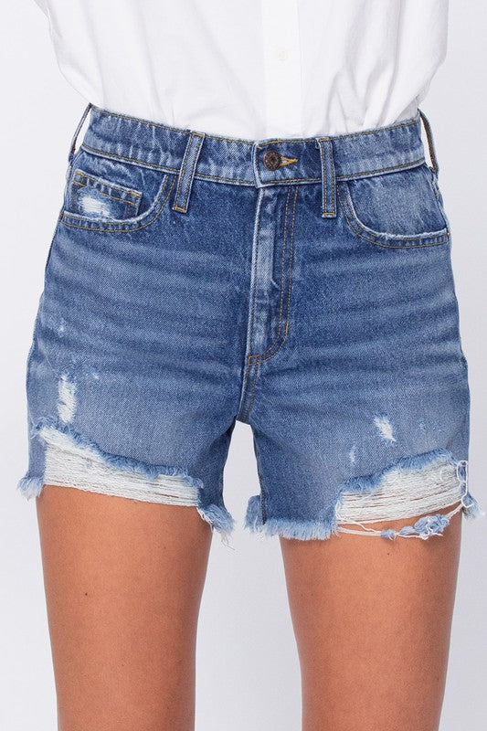 HIGH RISE 90'S SHORTS WITH DISTRESS AND FRAY HEM