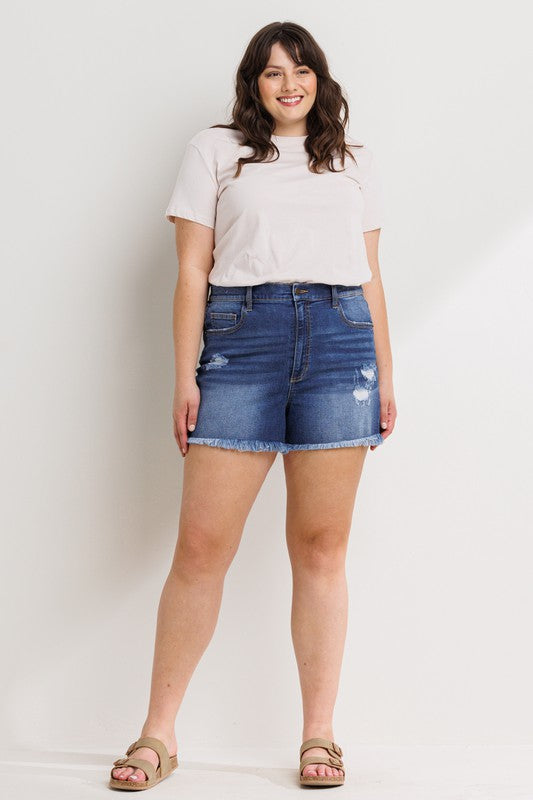 HIGH RISE PLUS SHORTS W/ FRAY HEM AND DISTRESSING