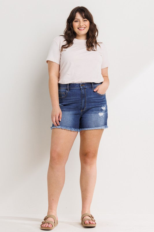 HIGH RISE PLUS SHORTS W/ FRAY HEM AND DISTRESSING