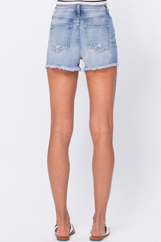 HIGH RISE SHORTS WITH DISTRESS AND FRAYED HEM