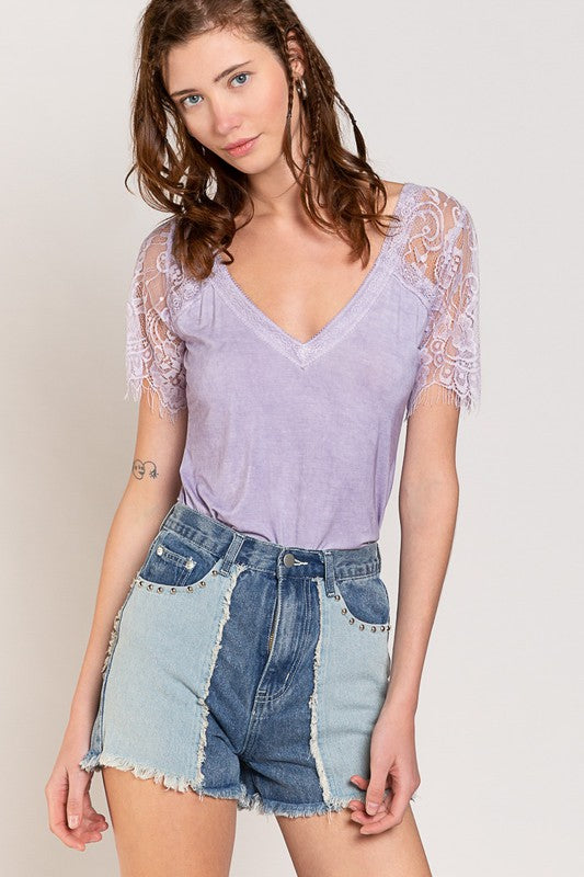Scallop Trim Lace Short Sleeve Top