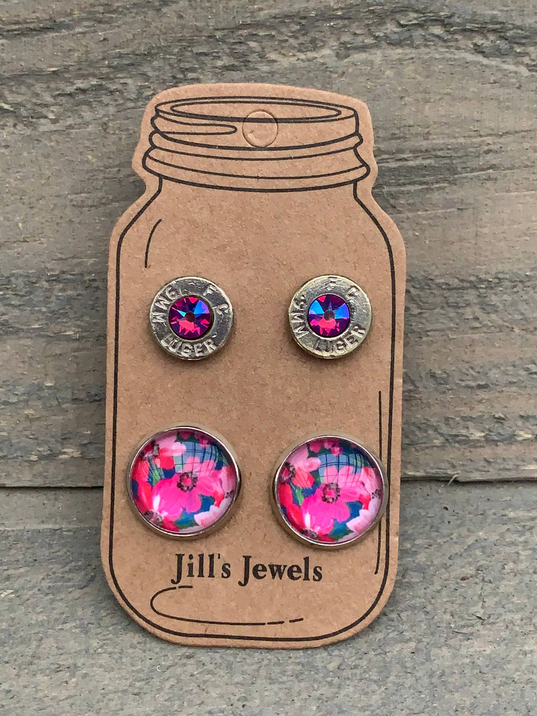 Pink and Blue Floral 9mm Bullet Stud Earring Set