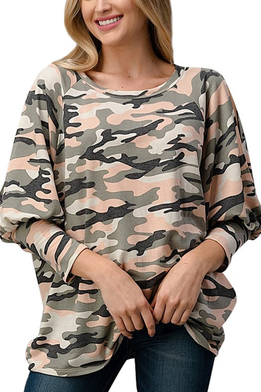 Catherine Camo Cold Shoulder Top
