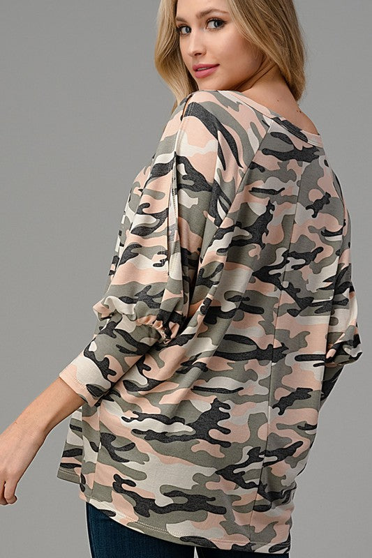 Catherine Camo Cold Shoulder Top