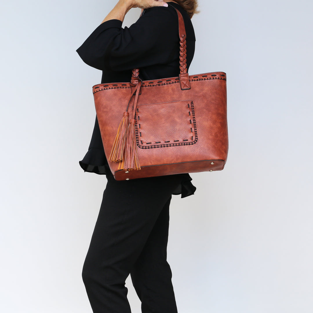 Cora Stitched Tote - Concealed Carry Mahogany