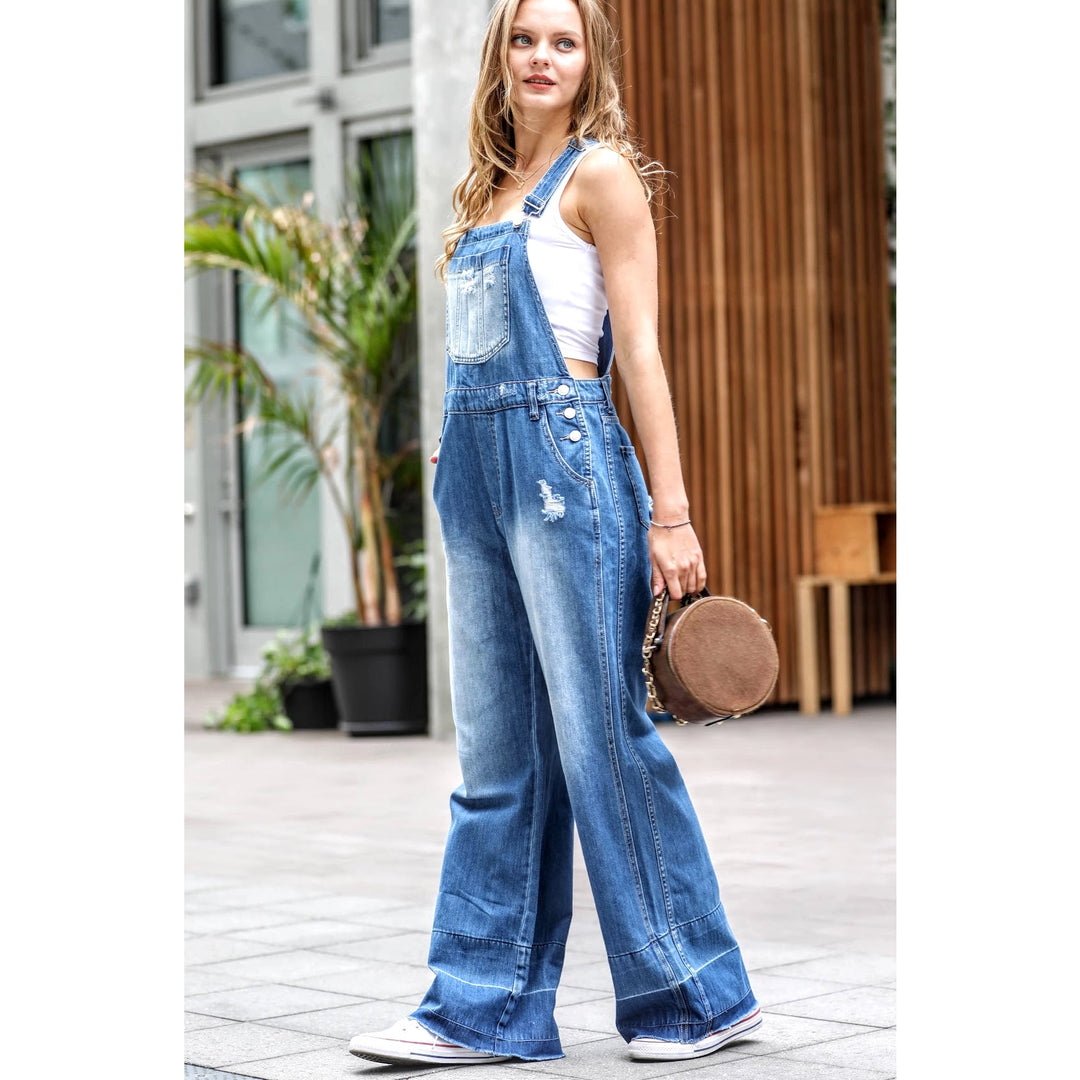 REBA DISTRESSED DENIM OVERALLS