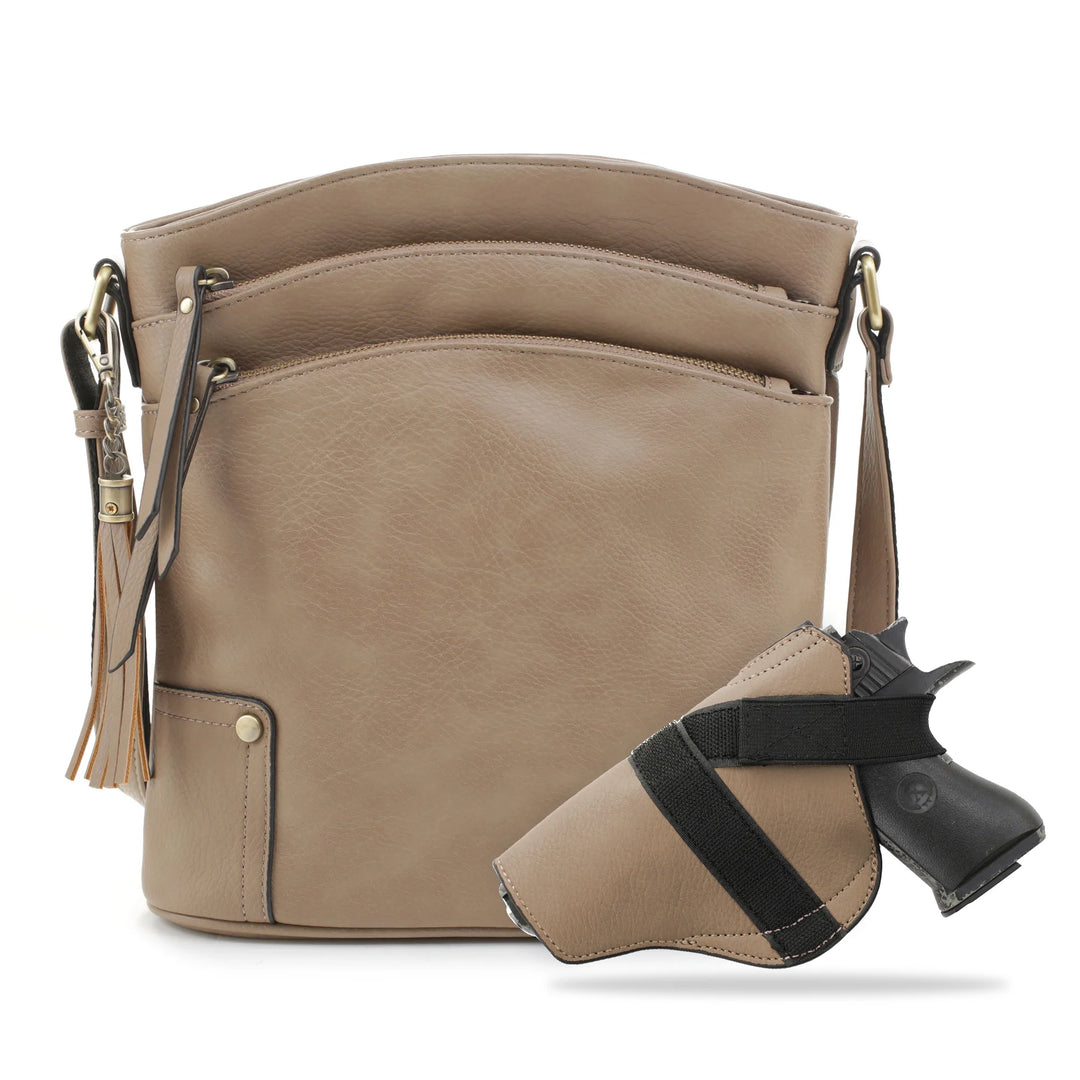 Robin Concealed Carry Crossbody by Jessie James at LovaMe Boutique in tan.