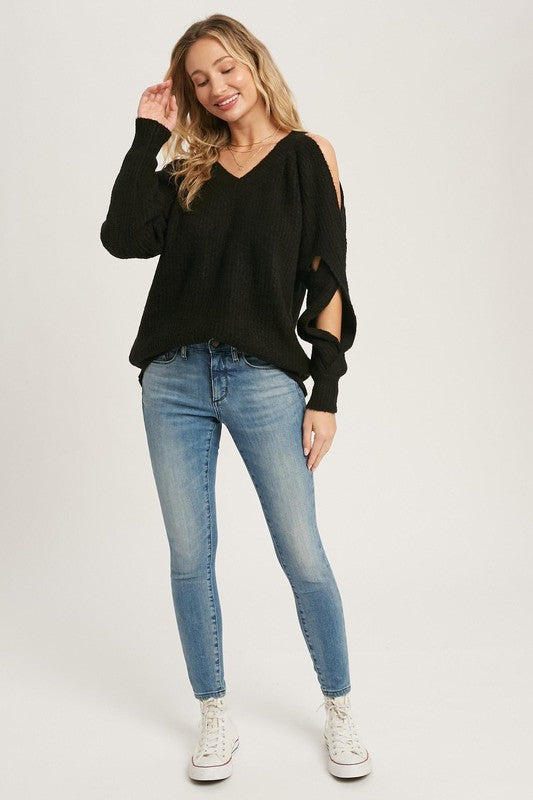 TWISTED OPEN SHOULDER SWEATER PULLOVER